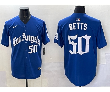 Men's Los Angeles Dodgers #50 Mookie Betts Blue 2025 LA Gothic Style With Fernando Patch Vapor Premier Limited Stitched Baseball Jersey