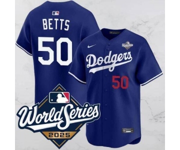 Men's Los Angeles Dodgers #50 Mookie Betts Blue 2025 World Series Vapor Limited Stitched Jersey