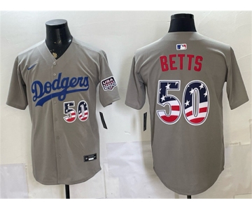 Men's Los Angeles Dodgers #50 Mookie Betts Gray 250 Fourth of July Road Stitched Baseball Jersey