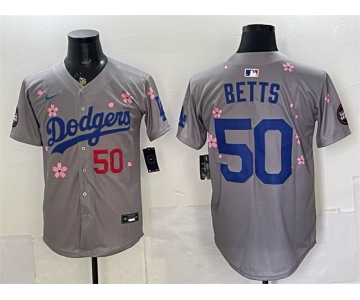 Men's Los Angeles Dodgers #50 Mookie Betts Grey 2025 Tokyo Series Limited Stitched Baseball Jersey