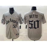 Men's Los Angeles Dodgers #50 Mookie Betts Grey LA Gothic Style With 2025 World Series Champions Patch Limited Stitched Baseball Jersey Men's Los Angeles Dodgers #50 Mookie Betts Grey LA Gothic Style With 2025 World Series Champions Patch Limited Stitched Baseball Jersey