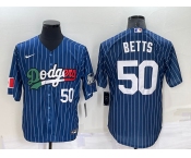 Men's Los Angeles Dodgers #50 Mookie Betts Number Navy Blue Pinstripe 2020 World Series Cool Base Nike Jersey
