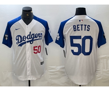 Men's Los Angeles Dodgers #50 Mookie Betts Number White Blue Fashion Stitched Cool Base Limited Jerseys