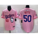 Men's Los Angeles Dodgers #50 Mookie Betts Pink Hello Kitty Night 2025 World Series Champions Patch Stitched Baseball Jersey