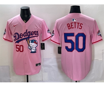 Men's Los Angeles Dodgers #50 Mookie Betts Pink Hello Kitty Night 2025 World Series Champions Patch Stitched Baseball Jersey