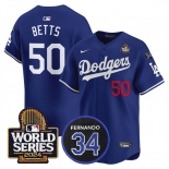 Men's Los Angeles Dodgers #50 Mookie Betts Royal 2024 World Series With Fernando Memorial Patch Limited Stitched Baseball Jersey