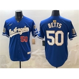 Men's Los Angeles Dodgers #50 Mookie Betts Royal 2026 Gold Collection 9x & B2B Champs Patch Stitched Baseball Jersey
