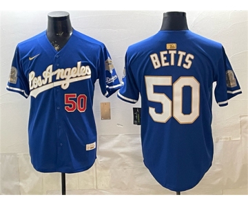 Men's Los Angeles Dodgers #50 Mookie Betts Royal 2026 Gold Collection 9x & B2B Champs Patch Stitched Baseball Jersey