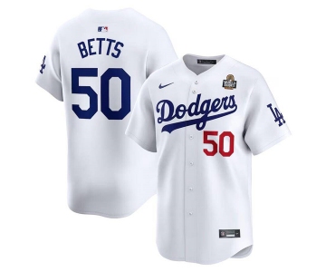 Men's Los Angeles Dodgers #50 Mookie Betts White 2024 World Series Home Limited Cool Base Stitched Baseball Jersey