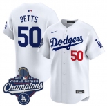 Men's Los Angeles Dodgers #50 Mookie Betts White 2025 Champions Stitched Baseball Jersey Men's Los Angeles Dodgers #50 Mookie Betts White 2025 Champions Stitched Baseball Jersey