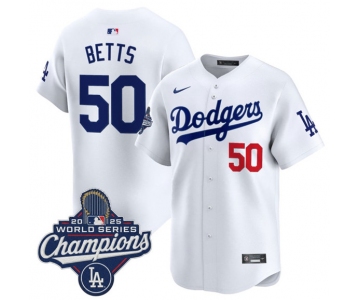 Men's Los Angeles Dodgers #50 Mookie Betts White 2025 Champions Stitched Baseball Jersey