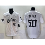 Men's Los Angeles Dodgers #50 Mookie Betts White 2025 LA Gothic Style With 2024 World Series Champions Patch Vapor Premier Limited Stitched Baseball Jersey