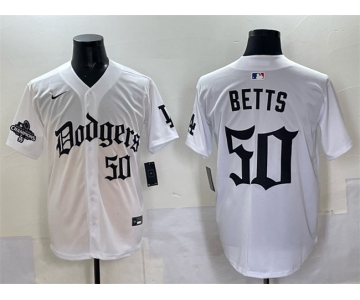 Men's Los Angeles Dodgers #50 Mookie Betts White 2025 LA Gothic Style With 2024 World Series Champions Patch Vapor Premier Limited Stitched Baseball Jersey