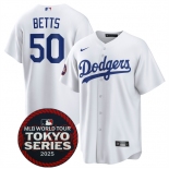 Men's Los Angeles Dodgers #50 Mookie Betts White 2025 World Tour Tokyo Series Home Stitched Baseball Jersey