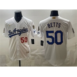 Men's Los Angeles Dodgers #50 Mookie Betts White 2026 Gold Collection 9x & B2B Champs Patch Stitched Baseball Jersey