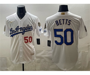 Men's Los Angeles Dodgers #50 Mookie Betts White 2026 Gold Collection 9x & B2B Champs Patch Stitched Baseball Jersey