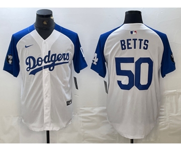 Men's Los Angeles Dodgers #50 Mookie Betts White Blue Fashion Stitched Cool Base Limited Jerseys