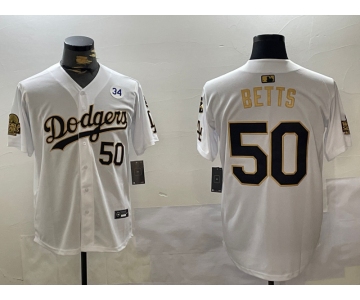 Mens Los Angeles Dodgers #50 Mookie Betts White Gold 2024 World Series With Fernando Memorial Patch Limited Stitched Baseball Jersey