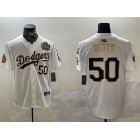 Men's Los Angeles Dodgers #50 Mookie Betts White Gold 2024 World Series With Fernando Memorial Patch Limited Stitched Baseball Jerseys