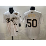 Men's Los Angeles Dodgers #50 Mookie Betts White Gold 2025 World Series Patch Limited Stitched Baseball Jersey
