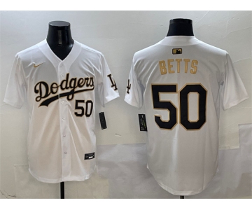 Men's Los Angeles Dodgers #50 Mookie Betts White Gold Limited Stitched Baseball Jersey