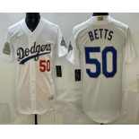 Men's Los Angeles Dodgers #50 Mookie Betts White Gold World Series Champions Collection Limited Jersey