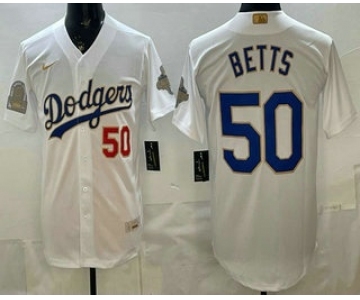 Men's Los Angeles Dodgers #50 Mookie Betts White Gold World Series Champions Collection Limited Jersey