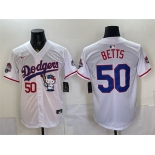 Men's Los Angeles Dodgers #50 Mookie Betts White Hello Kitty Night 2025 World Series Champions Patch Stitched Baseball Jersey