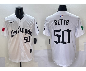 Men's Los Angeles Dodgers #50 Mookie Betts White Mexico 2025 LA Gothic Style With Fernando Patch Vapor Premier Limited Stitched Baseball Jersey