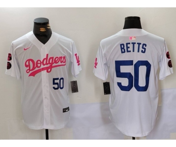 Men's Los Angeles Dodgers #50 Mookie Betts White Pink Vin & Kobe Patch Stitched Baseball Jerseys