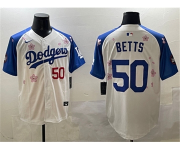 Men's Los Angeles Dodgers #50 Mookie Betts White Royal 2025 Tokyo Series Limited Stitched Baseball Jersey
