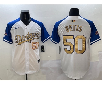 Men's Los Angeles Dodgers #50 Mookie Betts White Royal Gold 2024 World Series Champions Vapor Limited Stitched Baseball Jersey