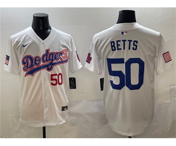 Men's Los Angeles Dodgers #50 Mookie Betts White With American Flag Patch Limited Stitched Baseball Jersey