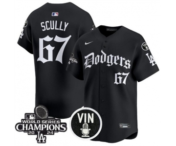 Men's Los Angeles Dodgers #67 Vin Scully Black Mexico 2025 LA Gothic Style With Vin And 2024 World Series Champions Patch Vapor Premier Limited Stitched Ba