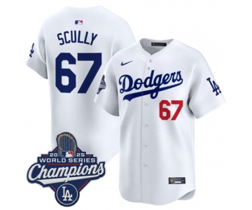 Men's Los Angeles Dodgers #67 Vin Scully White 2025 Champions Stitched Baseball Jersey