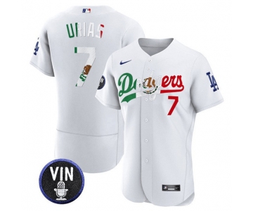 Men's Los Angeles Dodgers #7 Julio Urias White Mexico Special Vin Scully Patch Flex Base Stitched Baseball Jersey