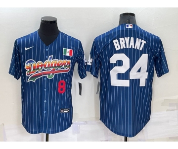 Mens Los Angeles Dodgers #8 #24 Kobe Bryant Number Rainbow Blue Red Pinstripe Mexico Cool Base Nike Jersey