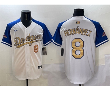 Men's Los Angeles Dodgers #8 Enrique Hernandez White Royal Gold 2024 World Series Champions Vapor Limited Stitched Baseball Jersey