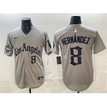 Men's Los Angeles Dodgers #8 Enrique Hernández Grey LA Gothic Style With 2025 World Series Champions Patch Limited Stitched Baseball Jersey Men's Los Angeles Dodgers #8 Enrique Hernández Grey LA Gothic Style With 2025 World Series Champions Patch Limited Stitched Baseball Jersey