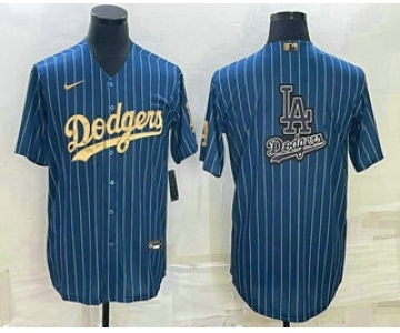 Men's Los Angeles Dodgers Big Logo Navy Blue Pinstripe Stitched MLB Cool Base Nike Jerseys
