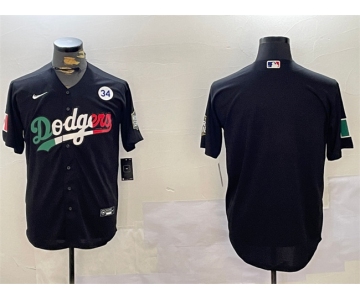 Men's Los Angeles Dodgers Blank Black Mexico 2024 World Series With No. 34 Patch Cool Base Stitched Baseball Jersey