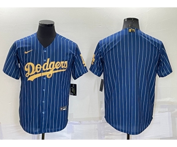 Men's Los Angeles Dodgers Blank Navy Blue Gold Pinstripe Stitched MLB Cool Base Nike Jersey