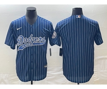 Men's Los Angeles Dodgers Blue Pinstripe Blank With Patch Cool Base Stitched Baseball Jerseys