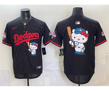 Men's Los Angeles Dodgers Team Big Logo Black Hello Kitty Night 2025 World Series Champions Patch Stitched Baseball Jersey