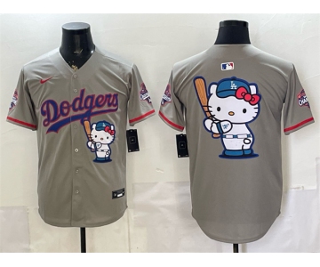 Men's Los Angeles Dodgers Team Big Logo Grey Hello Kitty Night 2025 World Series Champions Patch Stitched Baseball Jersey