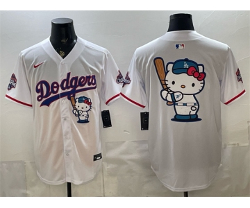 Men's Los Angeles Dodgers Team Big Logo White Hello Kitty Night 2025 World Series Champions Patch Stitched Baseball Jersey