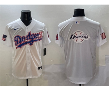 Men's Los Angeles Dodgers Team Big Logo White With American Flag Patch Limited Stitched Baseball Jersey
