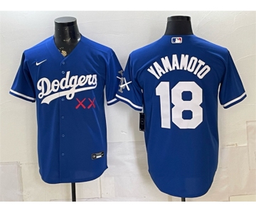 Men's Los Angeles Dodgers x KAWS #18 Yoshinobu Yamamoto Royal Vapor Premier Limited Stitched Baseball Jersey