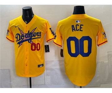 Men's Los Angeles Dodgers x One Piece #00 Ace Yellow Vapor Premier Limited Stitched Baseball Jersey