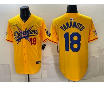 Men's Los Angeles Dodgers x One Piece #18 Yoshinobu Yamamoto Yellow Vapor Premier Limited Stitched Baseball Jersey